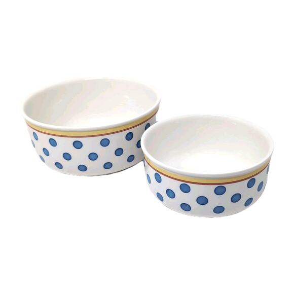 VTG Villeroy & Boch Twist Anna 2 Round Vegetable Bowls White Blue Polka Dots - Picture 2 of 14